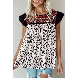 Savanna Jane Blouse Top Floral Embroidered Animal Print Black Pink size Small